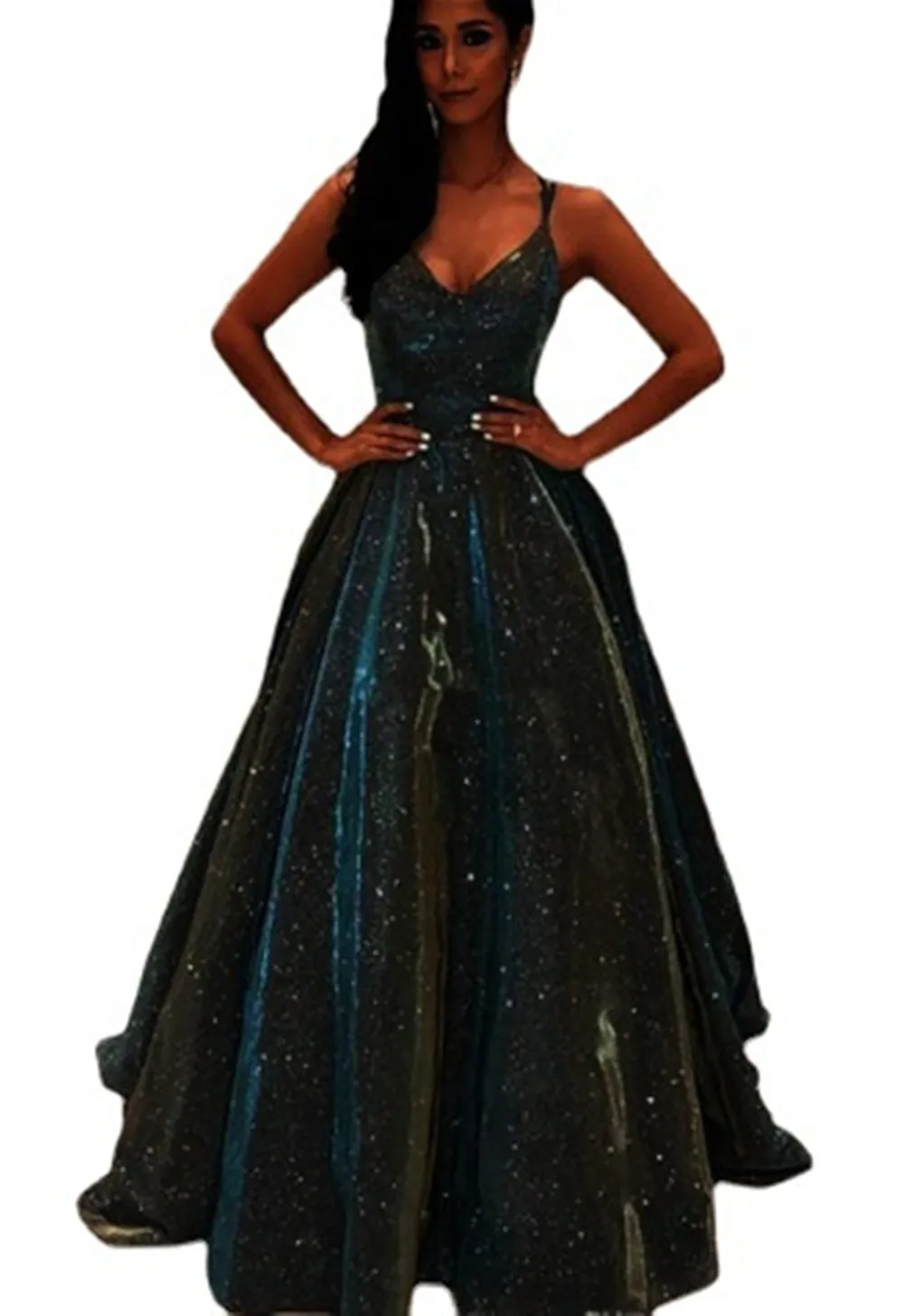 Women Elegant Prom Dress Sexy Sequin Spaghetti Deep V-neck Stitching Big Swing Gown Party Cocktail Evening Dresses