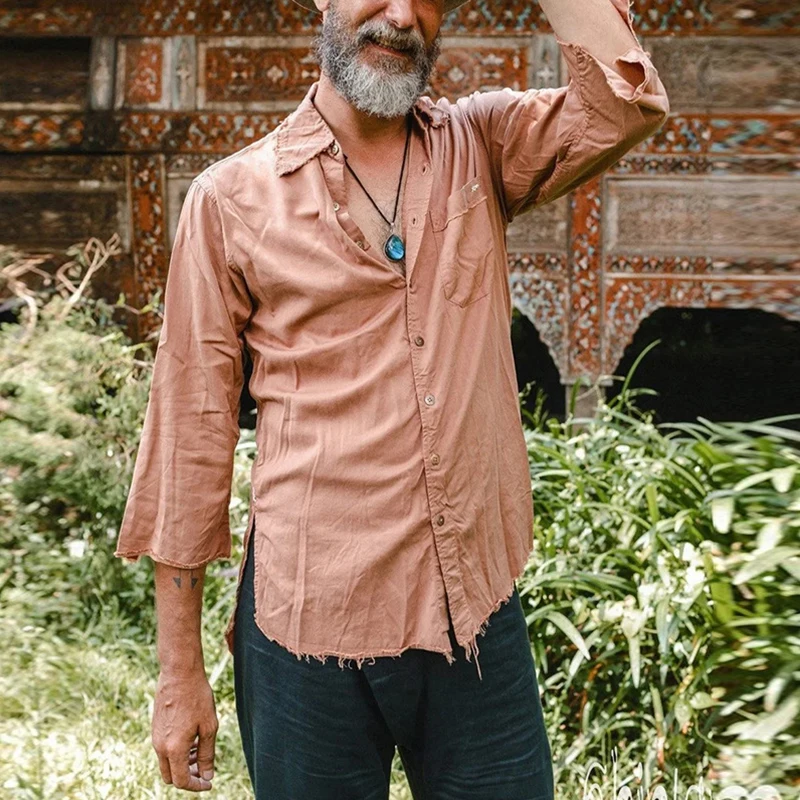 

Винтажная Мужская рубашка из хлопка и льна, Однотонная футболка с рукавом 3/4, Мужская одежда, весенний Повседневный Кардиган с отложным воротником и пуговицами, топы