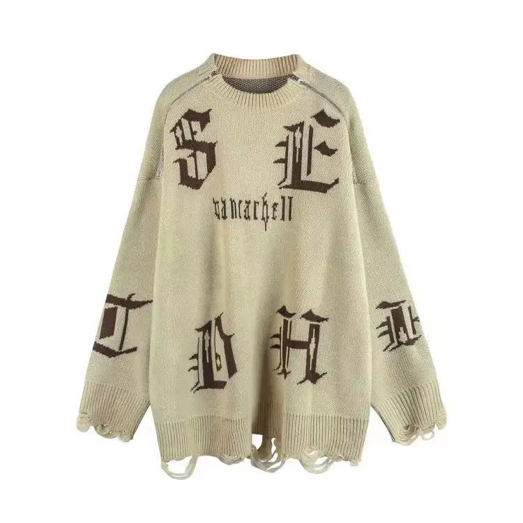 

American gothic letters street shoulder zipper qiu dong han edition loose sweaters leisure wears outside long sweethearts outfit