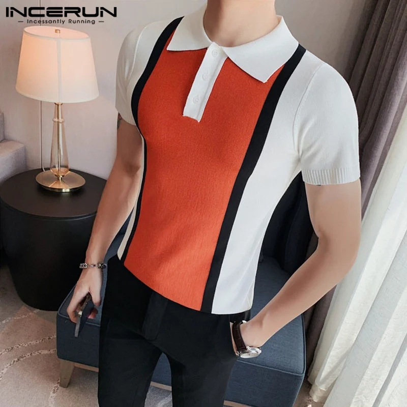 

INCERUN Tops 2023 Korean Style Mens Contrasting Knitted Shirts Casual Streetwear Male All-match Short Sleeved Lapel Blouse S-5XL