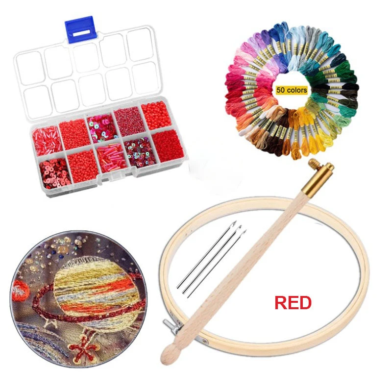 

Exquisite French Embroidery Kit Wood Tambour Hook Needles Beaded Thread Set Needlework Cross Stitch Craft DIY Sewing Accessories