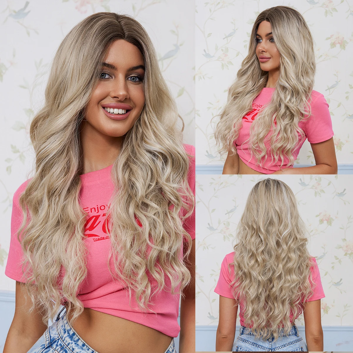 

HAIRCUBE Long Wavy Blonde Synthetic Wigs for Black Women Brown Ombre Natural Hairline Lace Wig Cosplay Party Heat Resistant Hair
