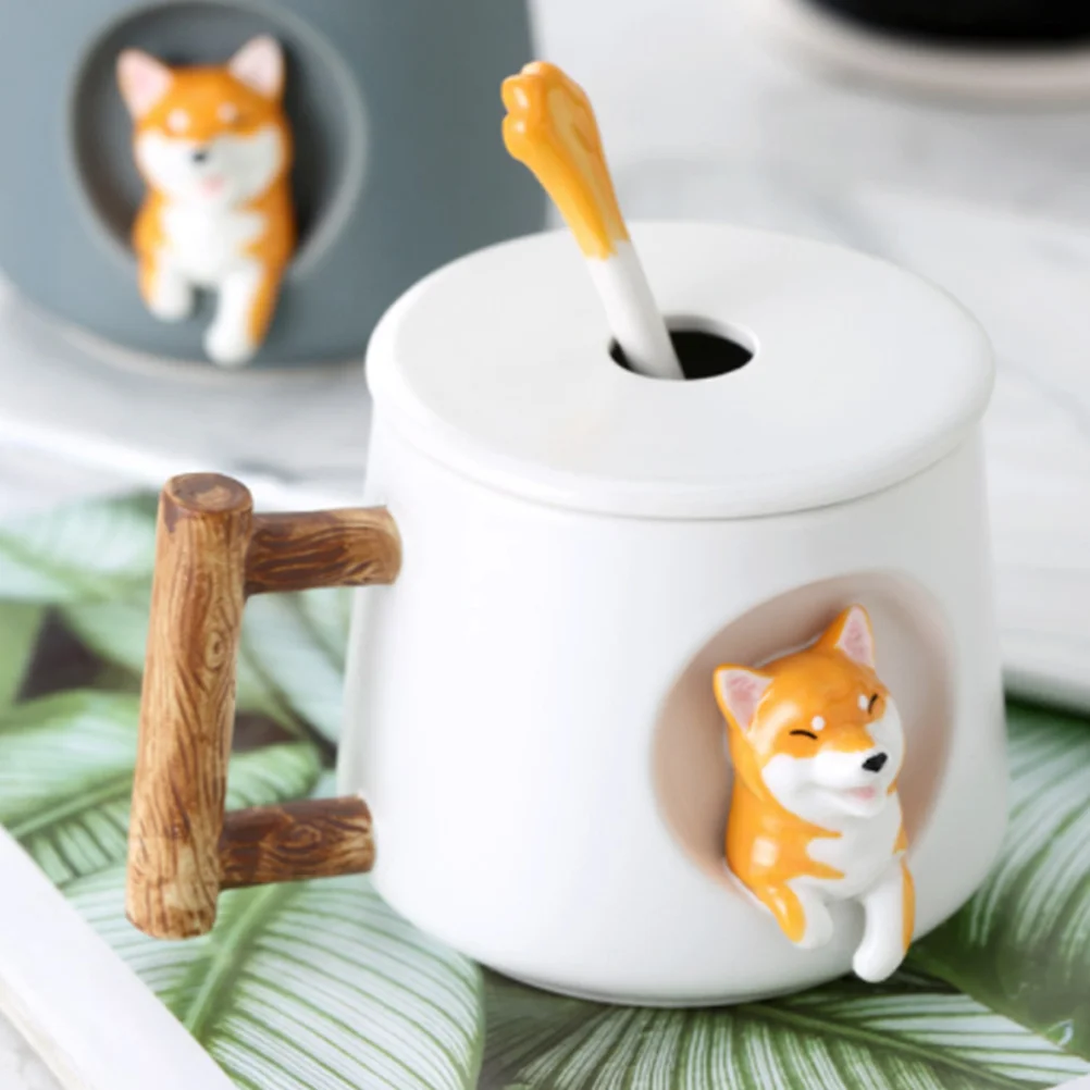 

Dog Cup Ceramics Mug Funny Durable Cup Storage Cup with Cover Spoon for Home Office (White)