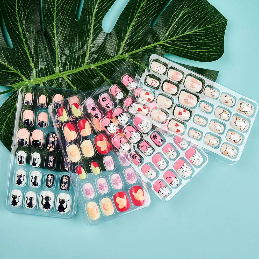 24 Pieces Children False Nails Kids Girls Press on Short Artificial Fake Nails Cute Pre Glue Full Cover Acrylic Nail Tip,77 images - 6