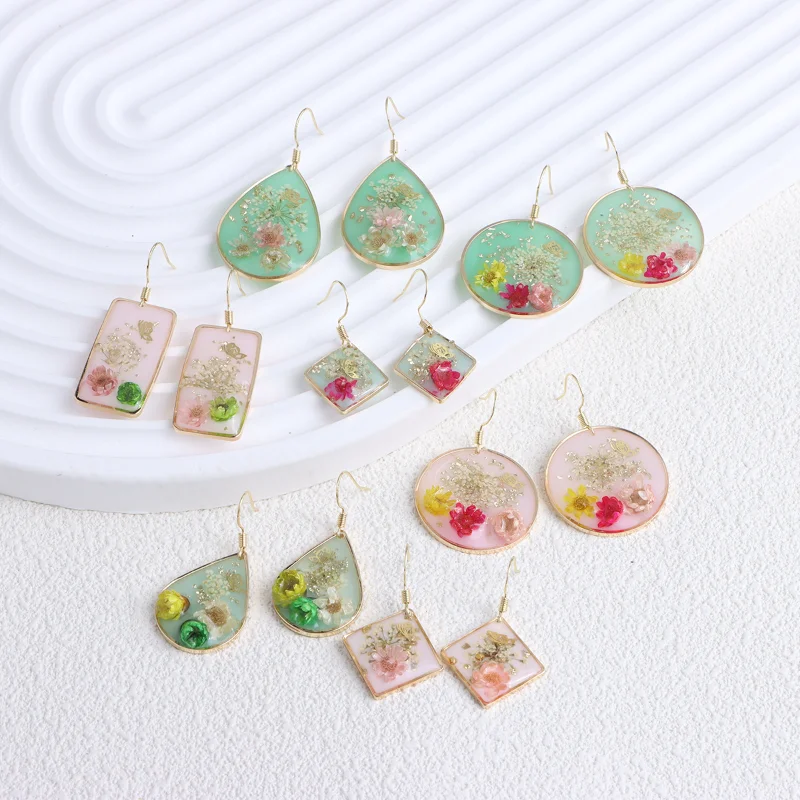 

Minar INS Fashion Multiple Real Dye Flower Water Drop Round Geometric Resin Drop Earrings for Women Girl Wedding Party Jewelry