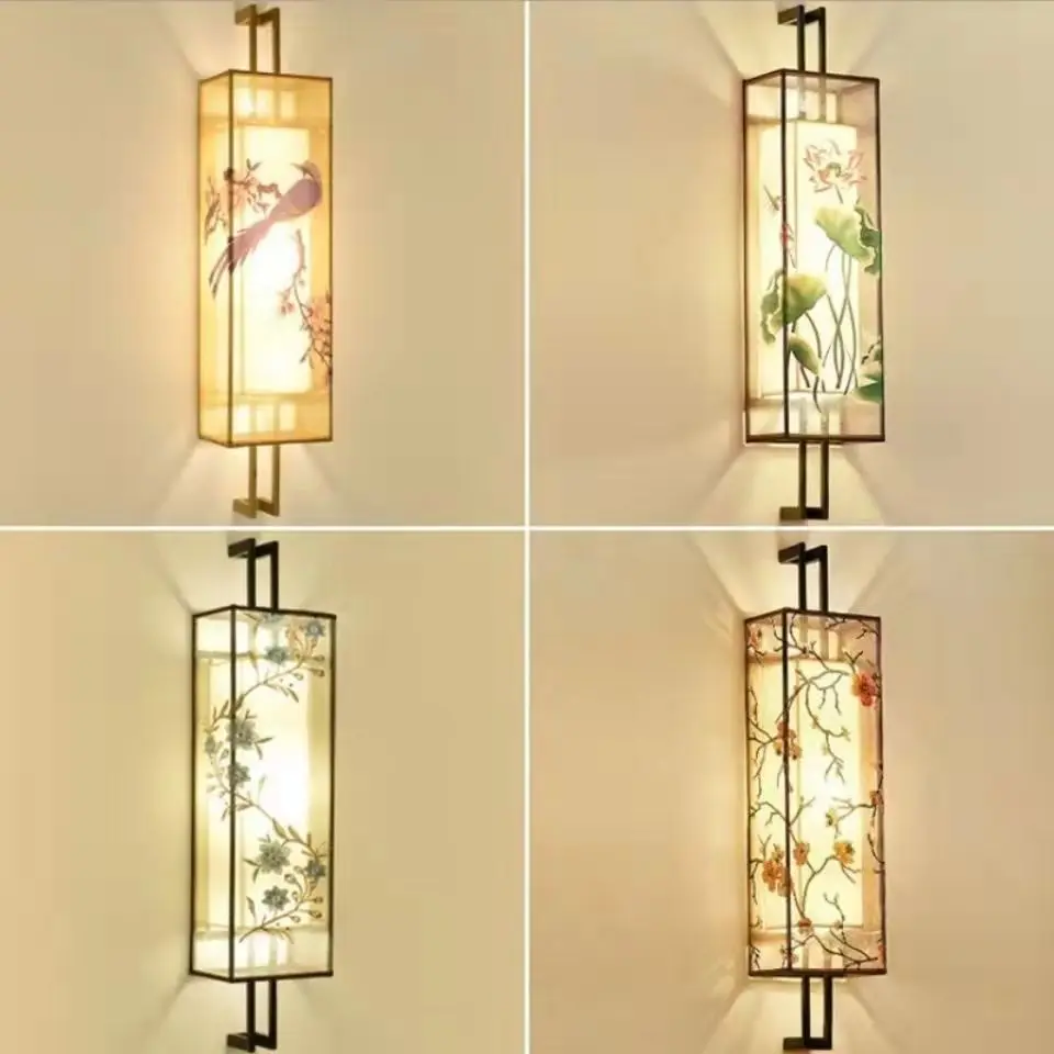 

50cm Chinese Style Wall Lamp Luxury Birds Flower Prining Fabric Background Wall Sconce Living Room Bedroom room decor
