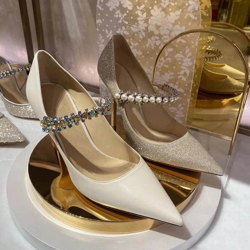 

Wedding Women Shoes Colorful Crystal Pearl Decoration Pumps Patent Leather Rhinestone Sequin Pointed Toe Thin Heel High Heels