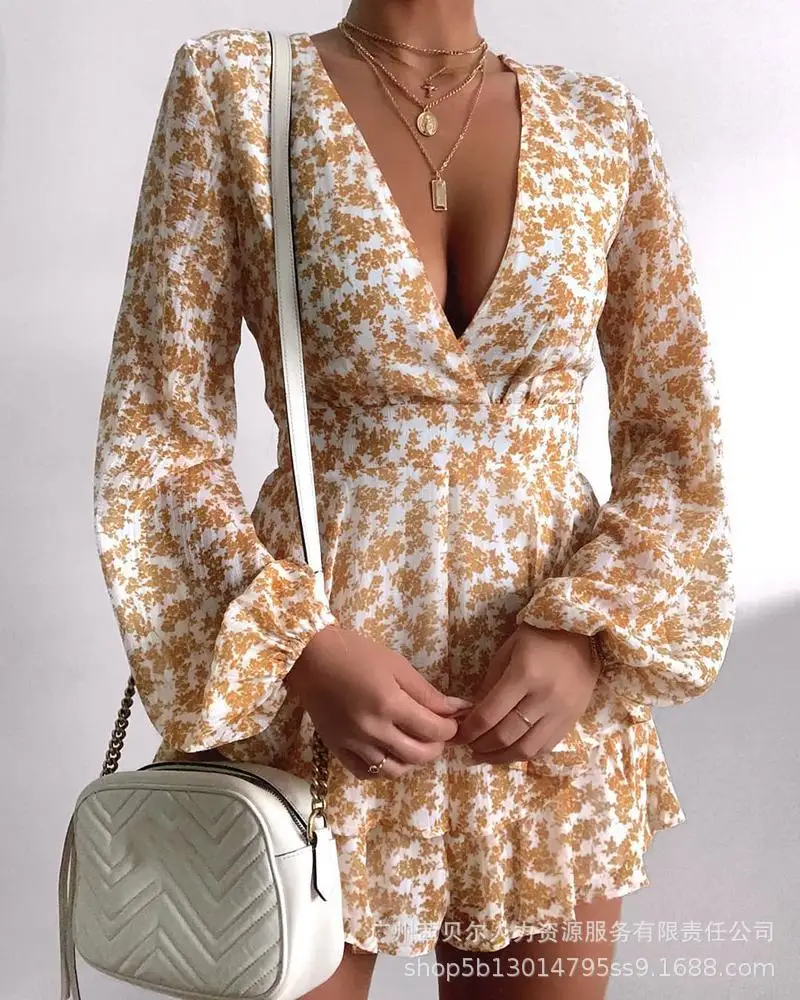 

2021 New Yellow Printed V-Neck Dress Women's Summer 2022 Dresses for Women Party