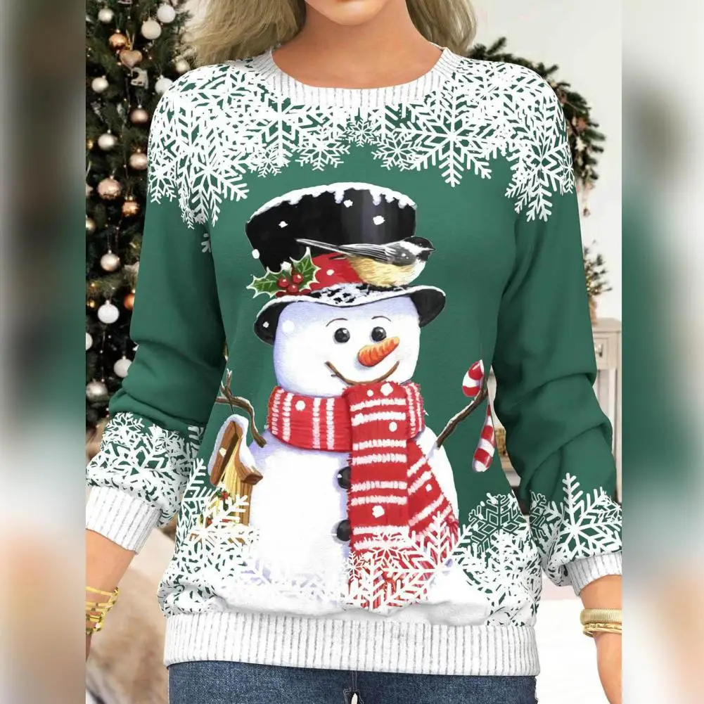 

Trendy Women Christmas Top Pullover Elastic Cuff Autumn Xmas T-shirt Snowman Women Christmas Top