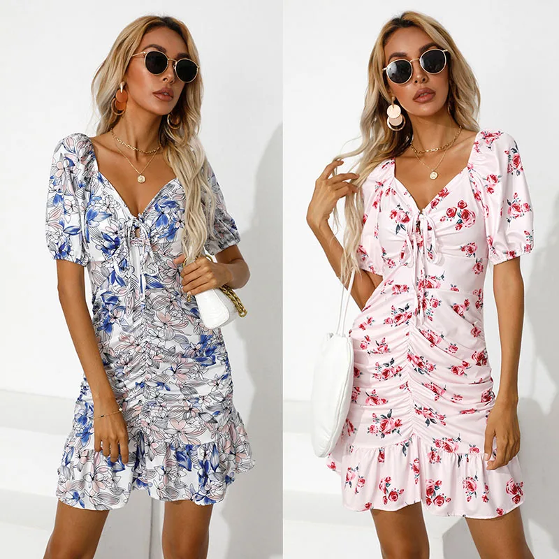 

Женское облегающее мини-платье на завязках, повседневное однотонное платье с цветочным принтом и глубоким V-образным вырезом, лето 2022