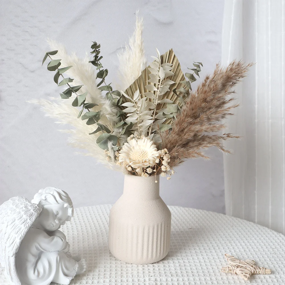 

Natural Dried Flower Preserved Vase Flowers Eucalyptus Palm leaf Reed Lavender Rabbit-tail Grass Bouquet DIY Wedding Bouquet