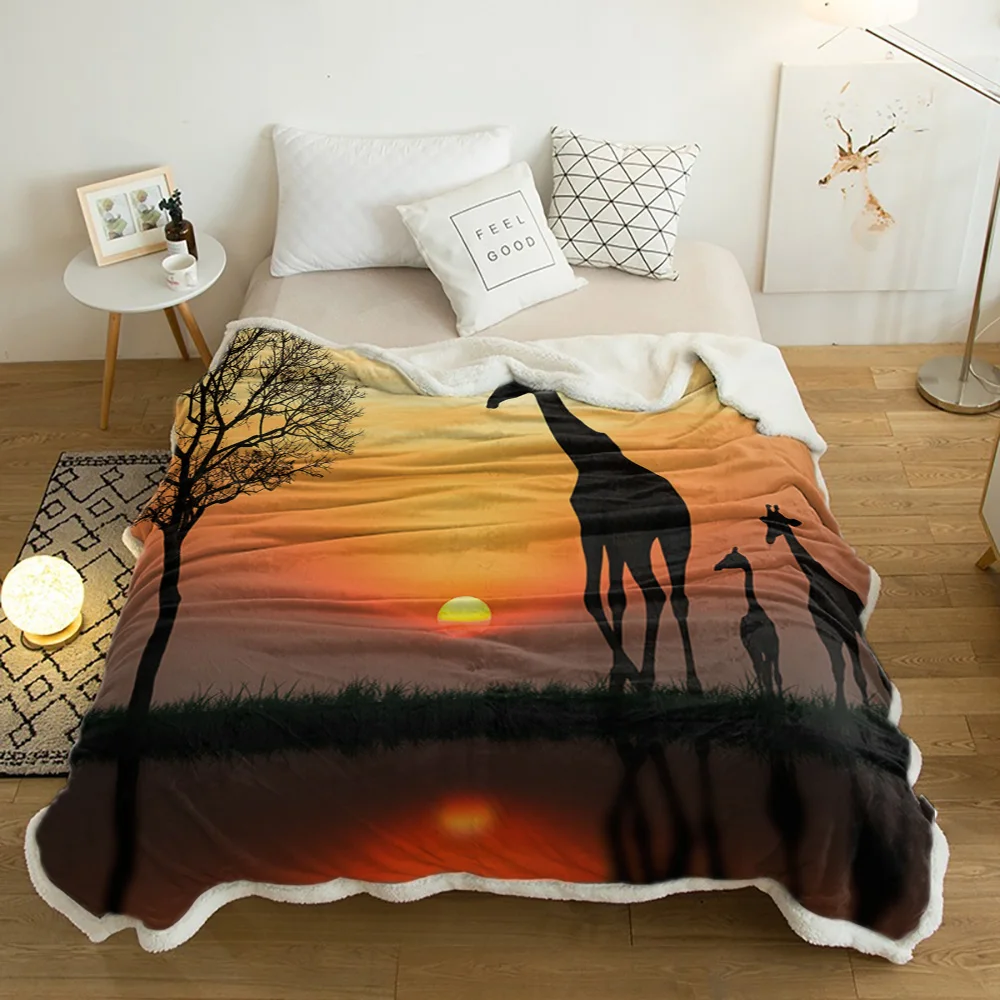 

Africa Tree Giraffe Silhouette Sunrise Lamb Cashmere Fleece Blanket Home Bed Sofa Winter Sherpa Bedding Kids Thick Bedspread