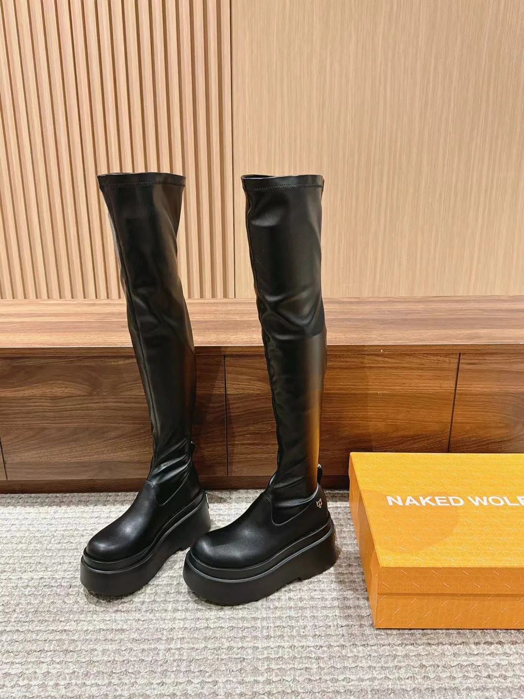 Женские обнаженные сапоги Wolfe высокие выше колена черные