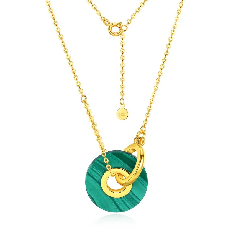 

Round Malachite Pendant Necklace Dainty Gold Plated Sterling Silver 925 Circle Wheel Disc Natural Gemstone Necklaces Jewelry