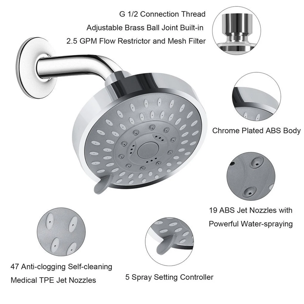 

High Pressure Shower Head ABS Saving Water Sprayer 4 Inch 5 Setting Adjustable Rainfall Bathroom Wall Mount Fixed Top Spray