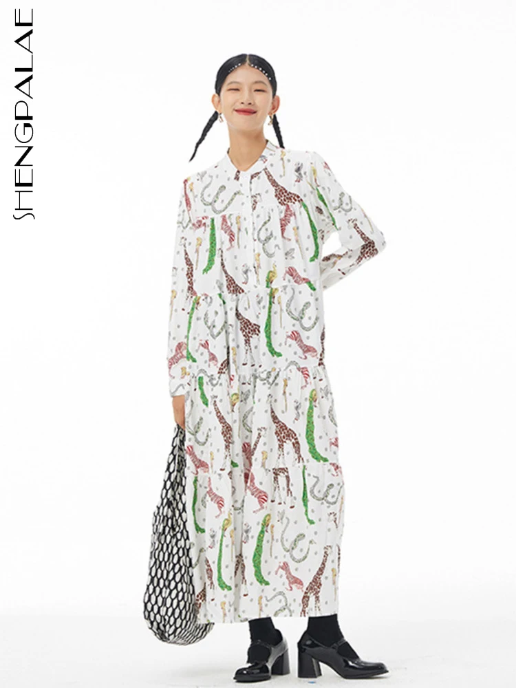 

SHENGPALAE Fashion Animal Printed Derss Women's Autumn 2022 New Round Neck Loose Long Sleeve Mid-calf Dresses Female Tide 5E7267