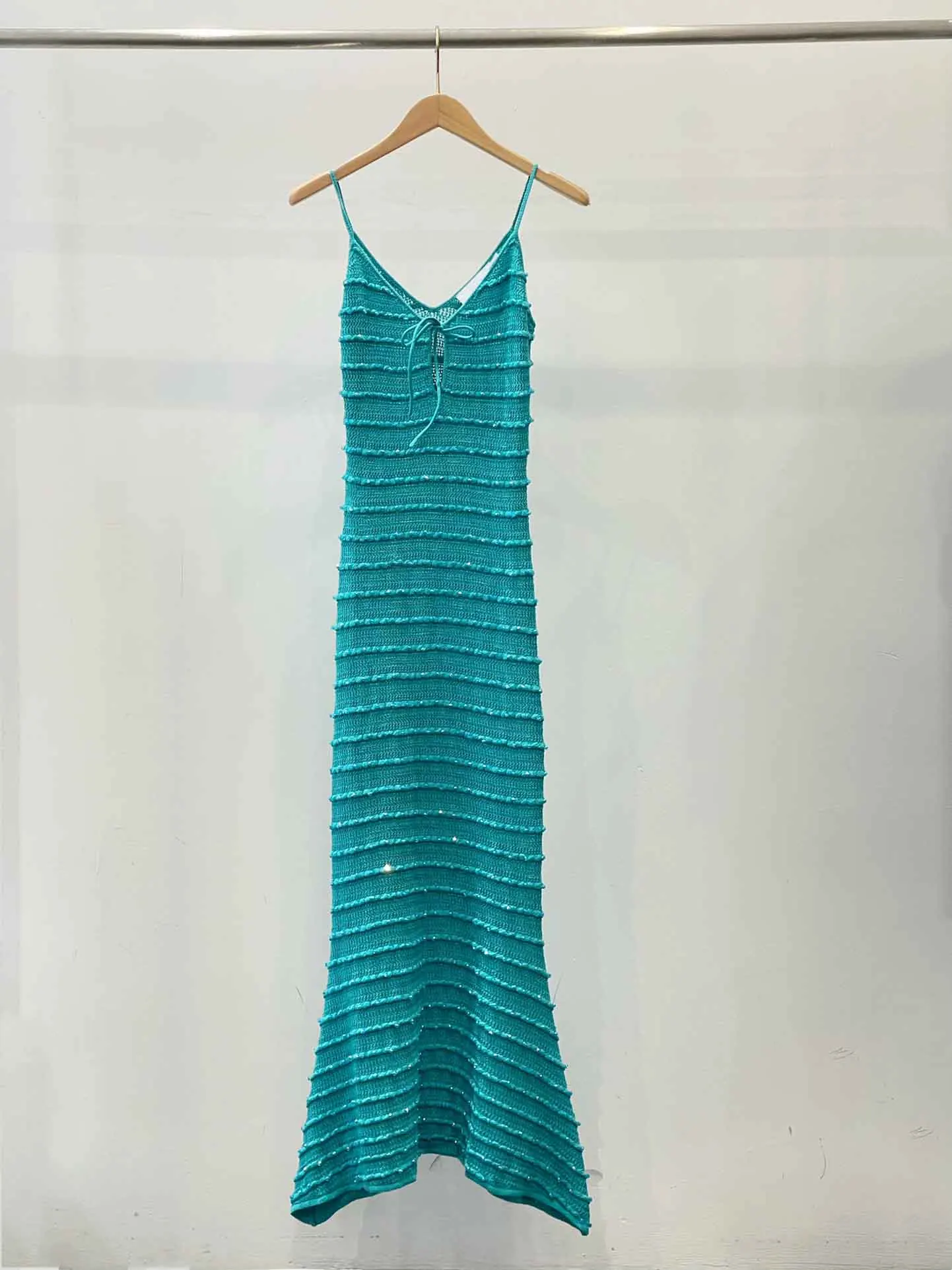 

Spring and summer new turquoise sweet cool wind fishtail knitted suspender long dress
