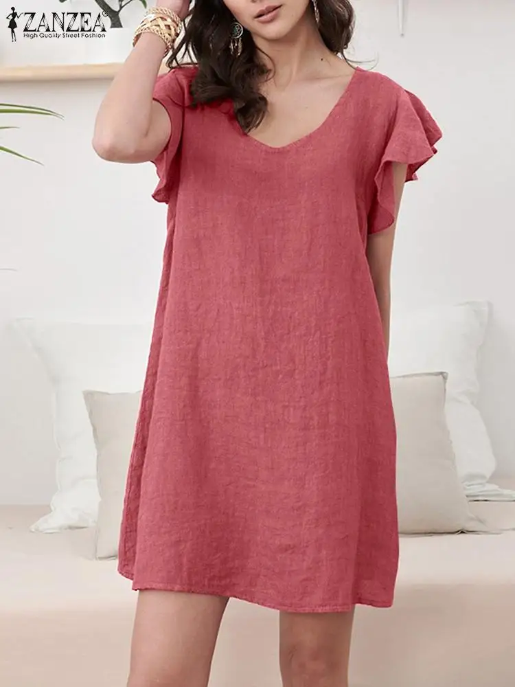 

ZANZEA Women Fashion Sundress Kaftan Solid Color Vestidos Holiday V Neck Dress Ruffles Sleeve Casual Stylish Summer Mini Dress