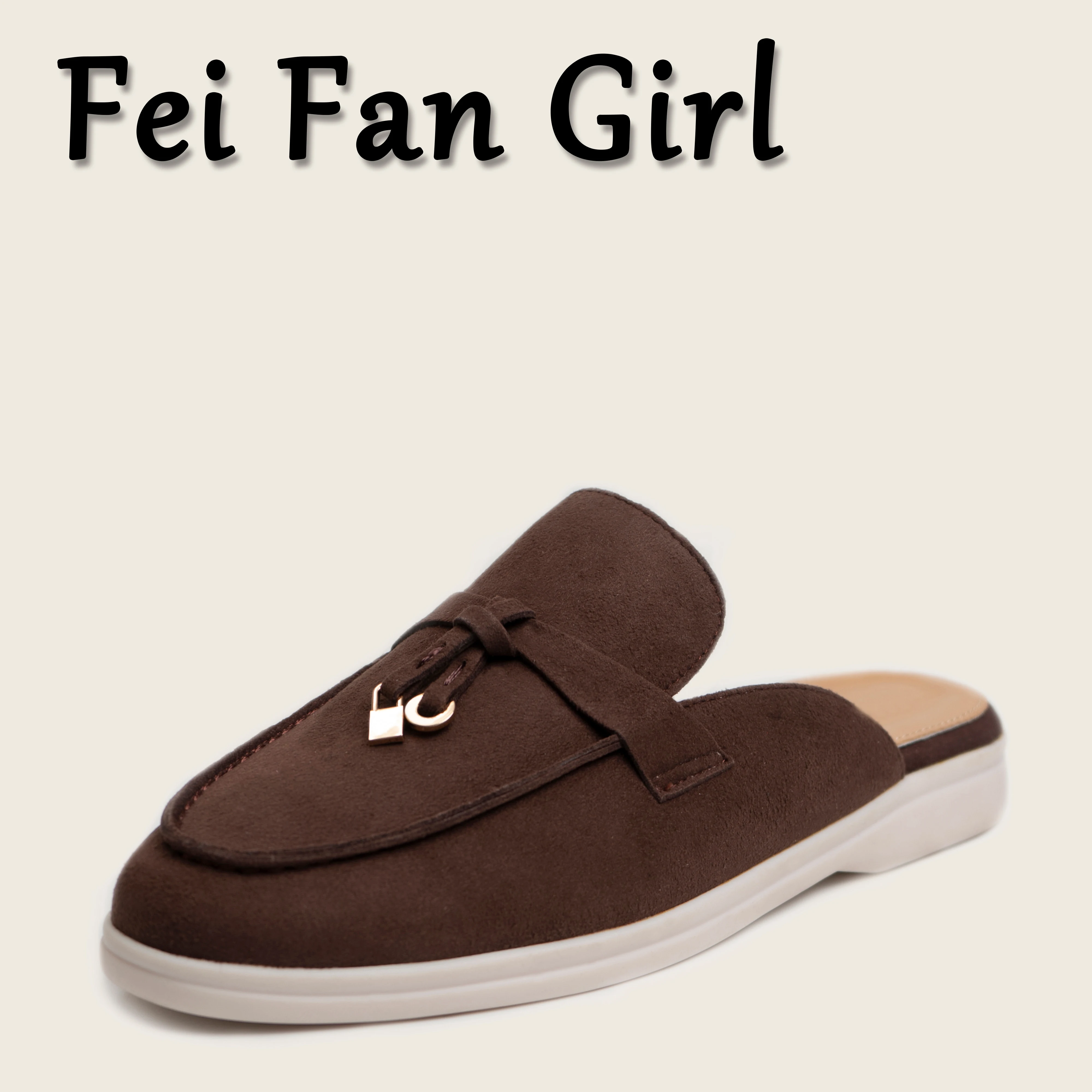 Spring and Autumn Real Leather Bag Head Half Slippers, Women's New Metal Lock Design Loafers Women Flats Shoes Man