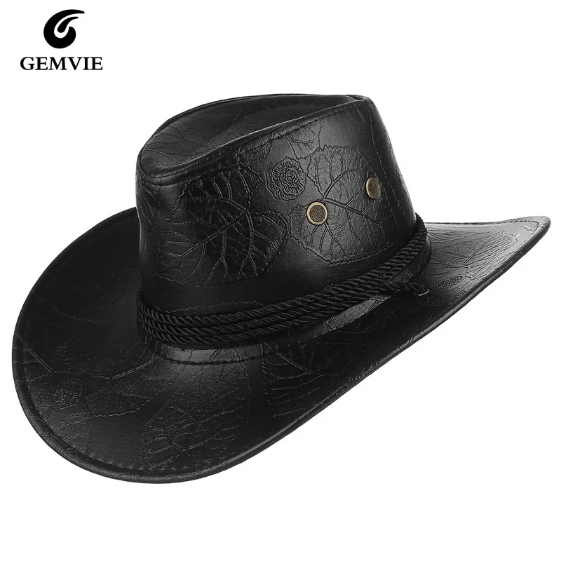 

GEMVIE Classic Cattleman Cowboy Hats PU Western Style Cowgirl Hat With Strap Outdoor Hunter's Hat Autumn Winter
