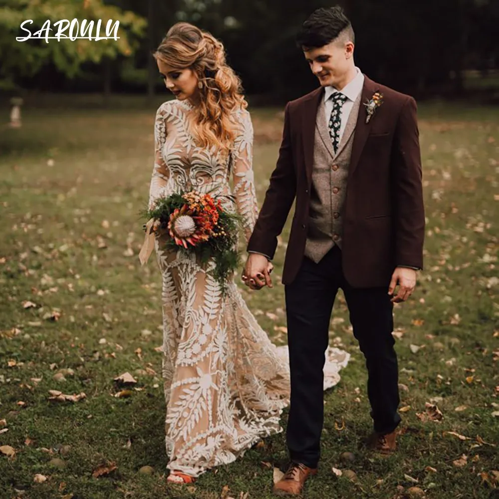 

Boho V Neck Wedding Dress Bohemian Lace Robe Long Sleeves Illusion Beach Destination Elopement Mermaid Bridal Gown