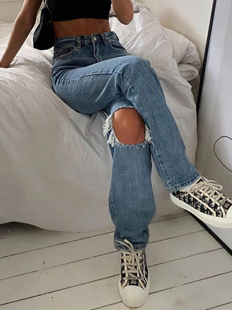 Hip-hop solid color ripped long hole jeans denim long hole ruins casual brand ladies jeans trousers ladies