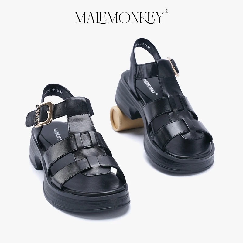 High Quality Platform Roman Sandals Women Leather 2023 Summer Retro Non-slip Sandals Round Toe Chunky Heel Female Shoes Handmade