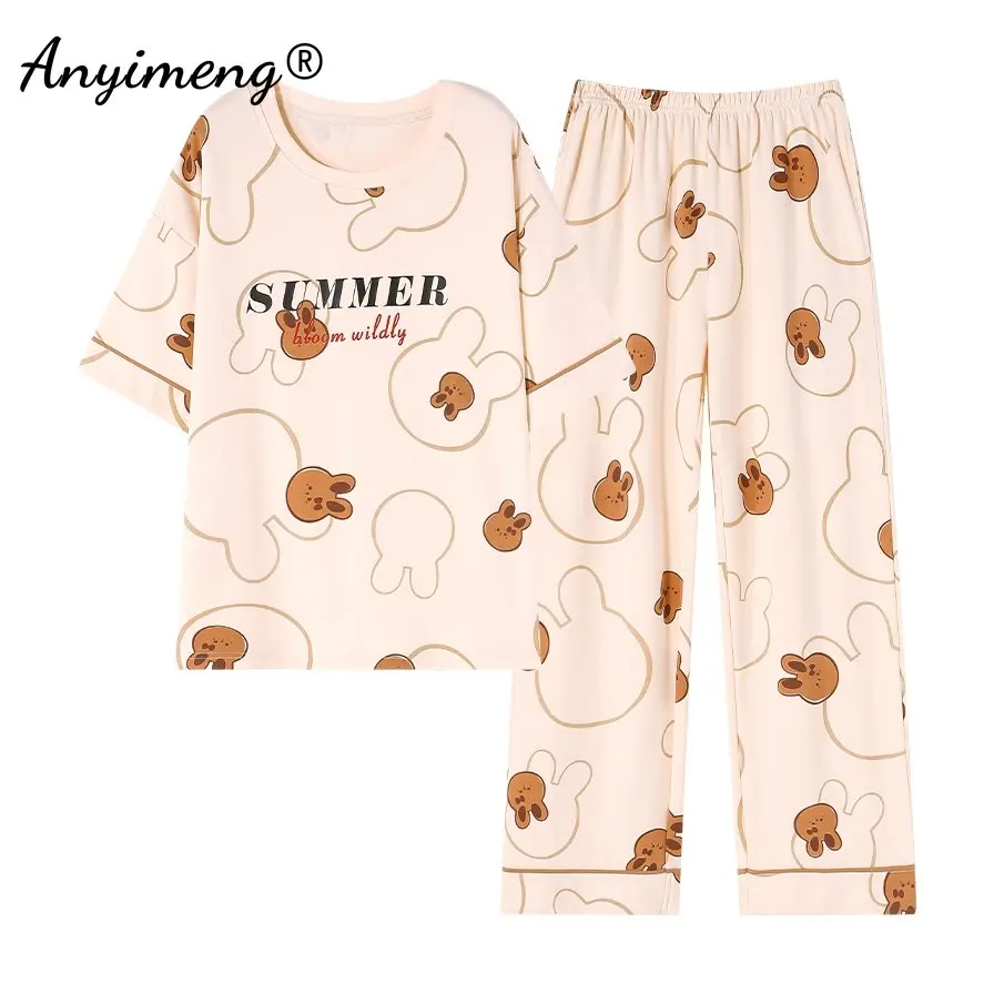 

Woman's Pajamas 100% Cotton HQ Comfy Sleepwear Summer Short Sleeve Pijamas Leisure Homesuit for Girl Full Length Women Nightwear