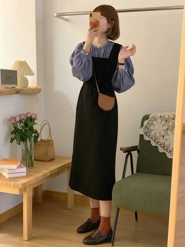 Костюм из двух предметов: Корейская Милая рубашка + маленькая юбка на бретелях