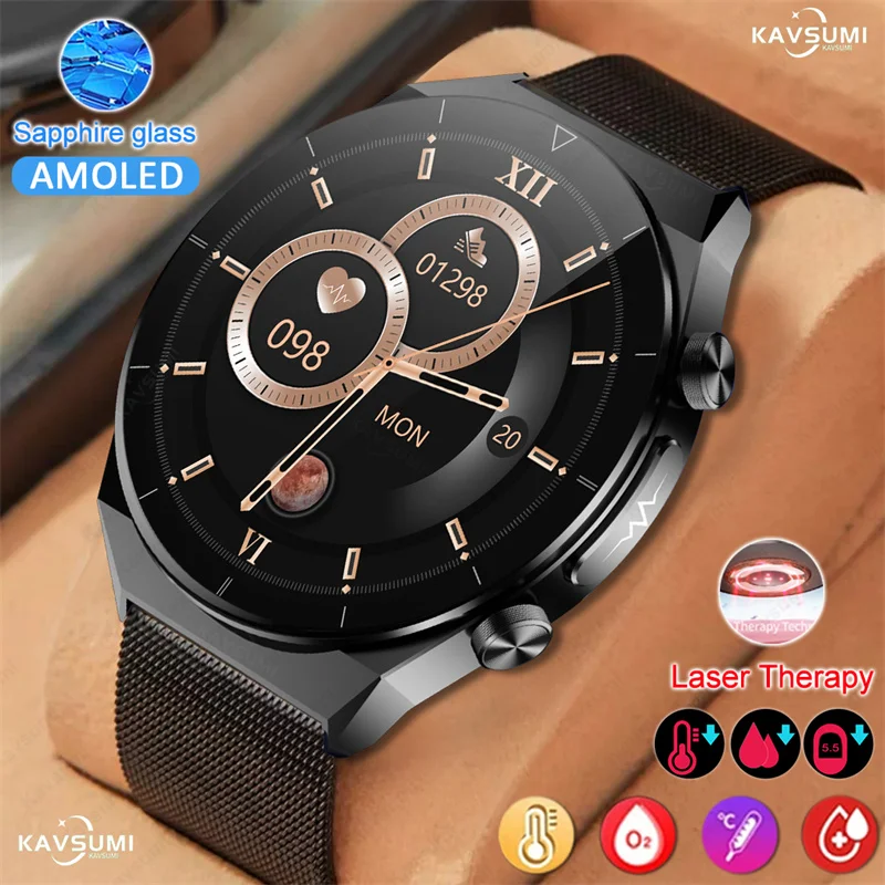 

Health Men Smart Watches Blood Glucose Sport Fitness ECG+PPG Clock Blood Pressure Laser Treatment Smartwatch New Sapphire Glass