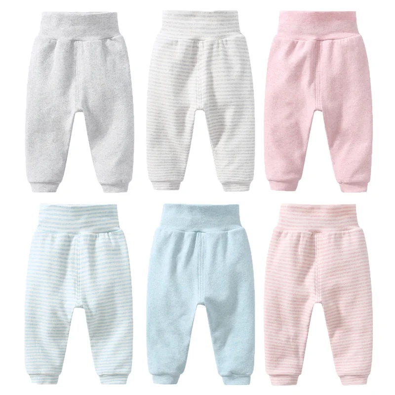 

Однотонные Хлопковые Штаны для новорожденных мальчиков и девочек, повседневные брюки в полоску с высокой талией, домашняя одежда, осень-зима, 2 шт.