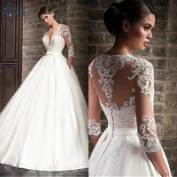 LAYOUT NICEB 3/4 Lace Sleeves Wedding Dresses With Pocket Satin Sweep Train свадебное платье Bridal Ball Gowns Simple Customized
