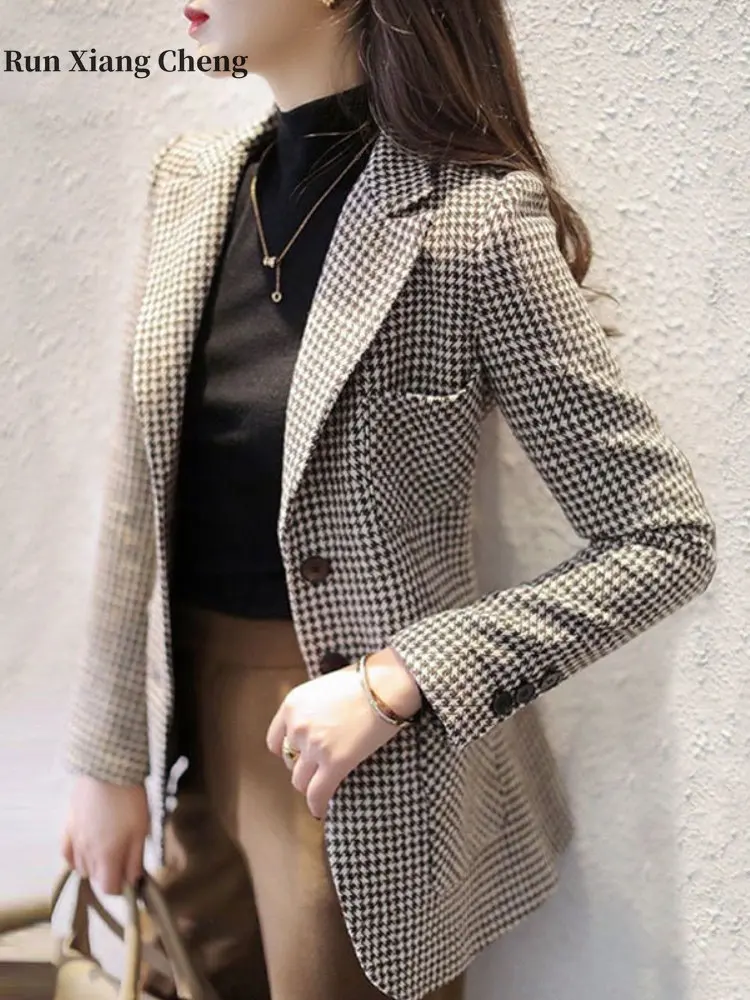 Women’s Clothes Blazer 2023 Spring Autumn New Free Shipping Fashion Suit Woolen Cloth Coat Commuter Style Simple Slim Plaid Coat