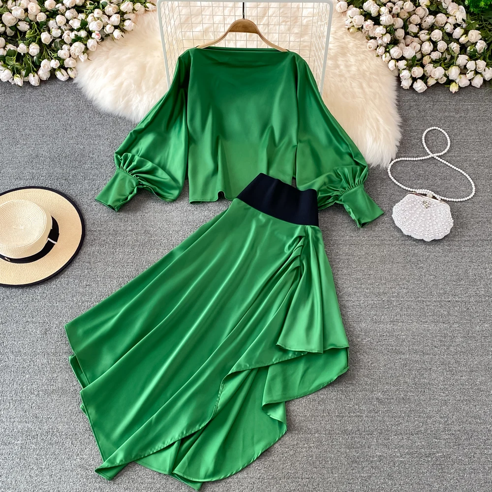 

Fashion suit women's one-shoulder off-shoulder lantern sleeve loose top two-piece high-waisted slim irregular skirt