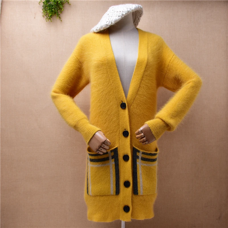 

ladies women fashion yellow hairy angora rabbit fur knitwear long sleeves v-neck slim cardigan coat sweater pull jacket top