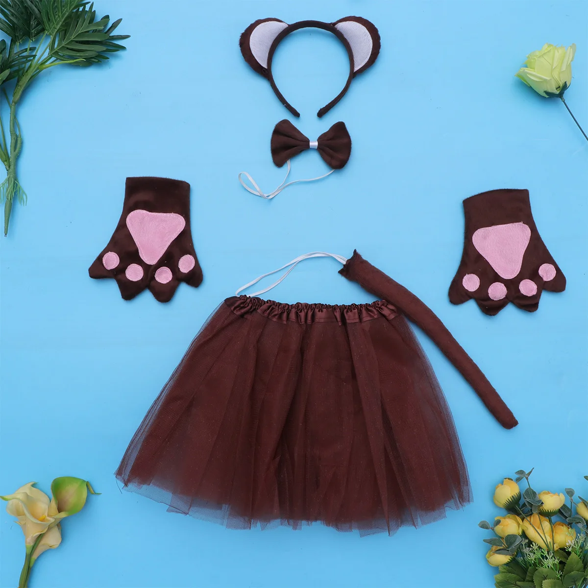 5pcs in 1 Set Creative Animal Monkey Cosplay Costume Headband Bow Tie Paws Gloves Tail Mesh Skirt Kids Performance Stage Hal