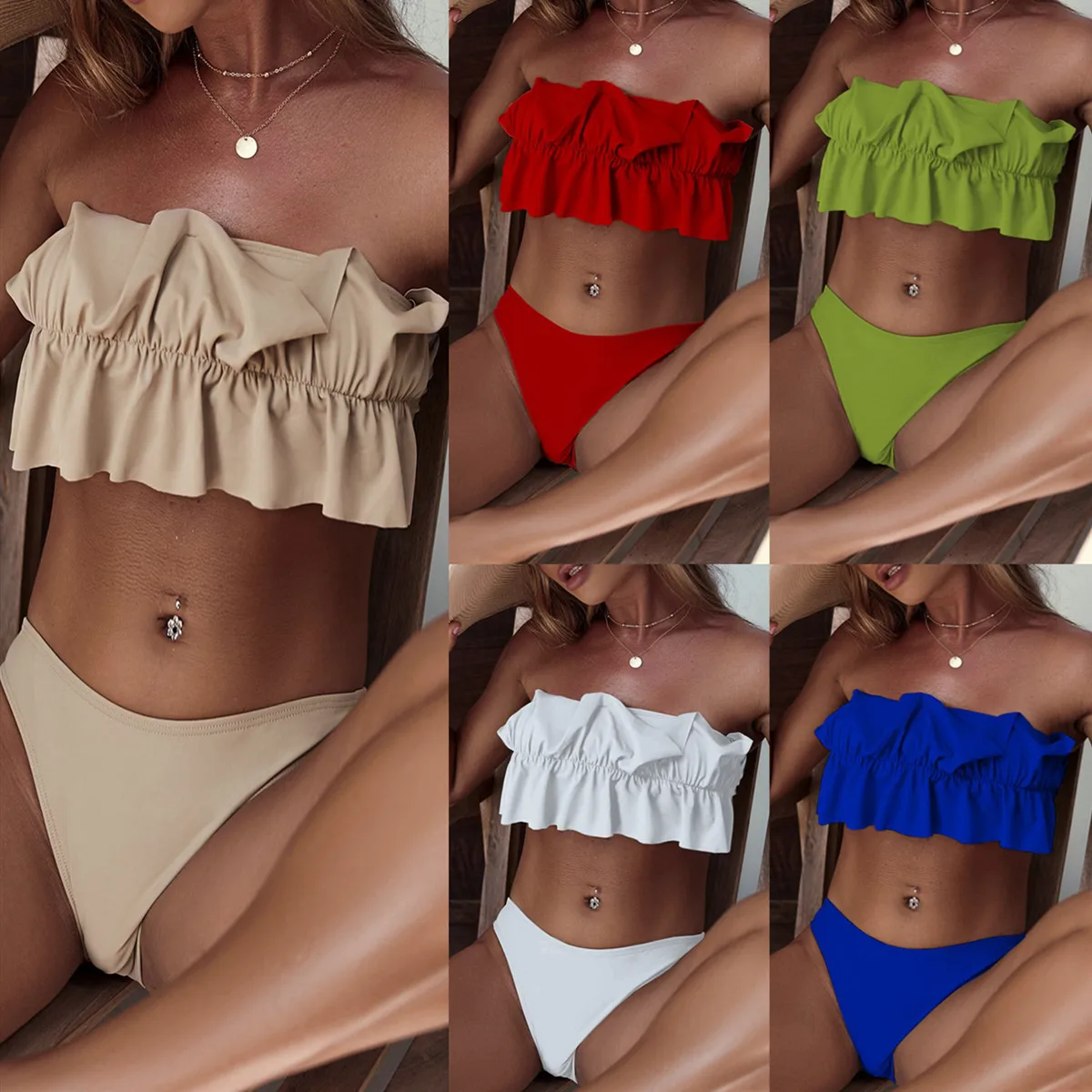 

Sexy Women's Bandeau Swimwear Solid Color Ruffle High Waisted Push-Up Sports Summer Swimwear