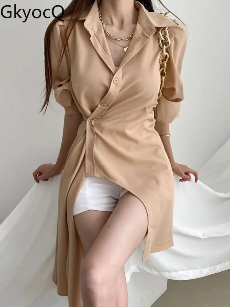 

Женское платье-рубашка с длинным рукавом, элегантное однотонное платье с лацканами и асимметричной пряжкой, Осень-зима 2022