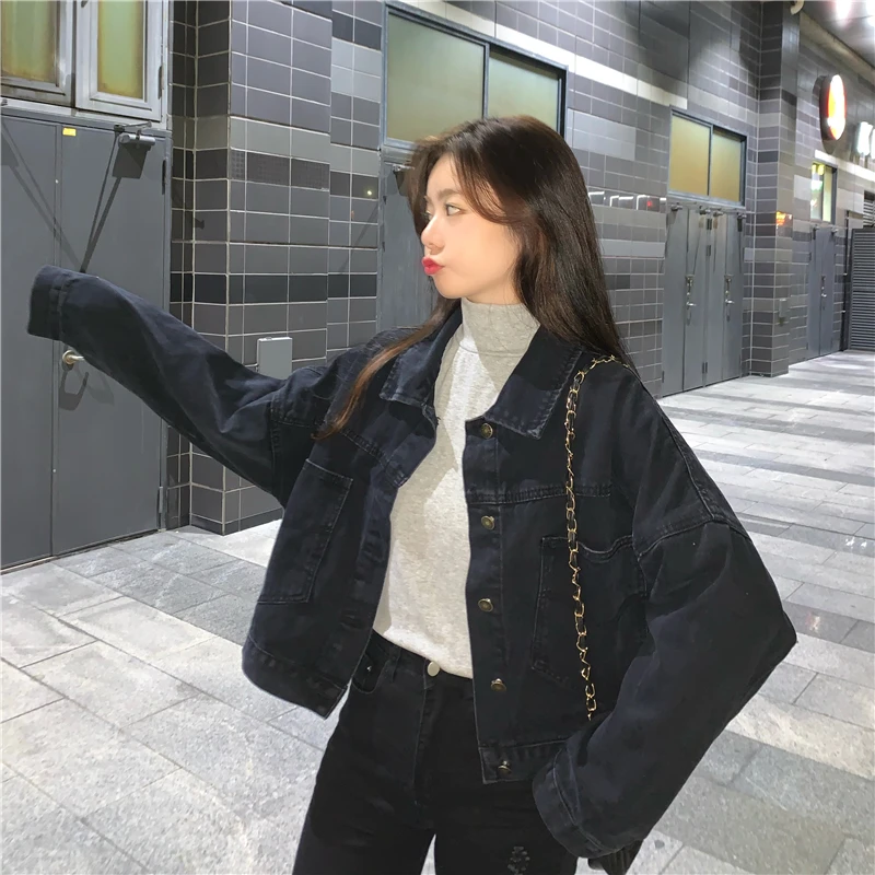 

Женское джинсовое пальто, черное свободное короткое пальто из денима в Корейском стиле, осень 2023