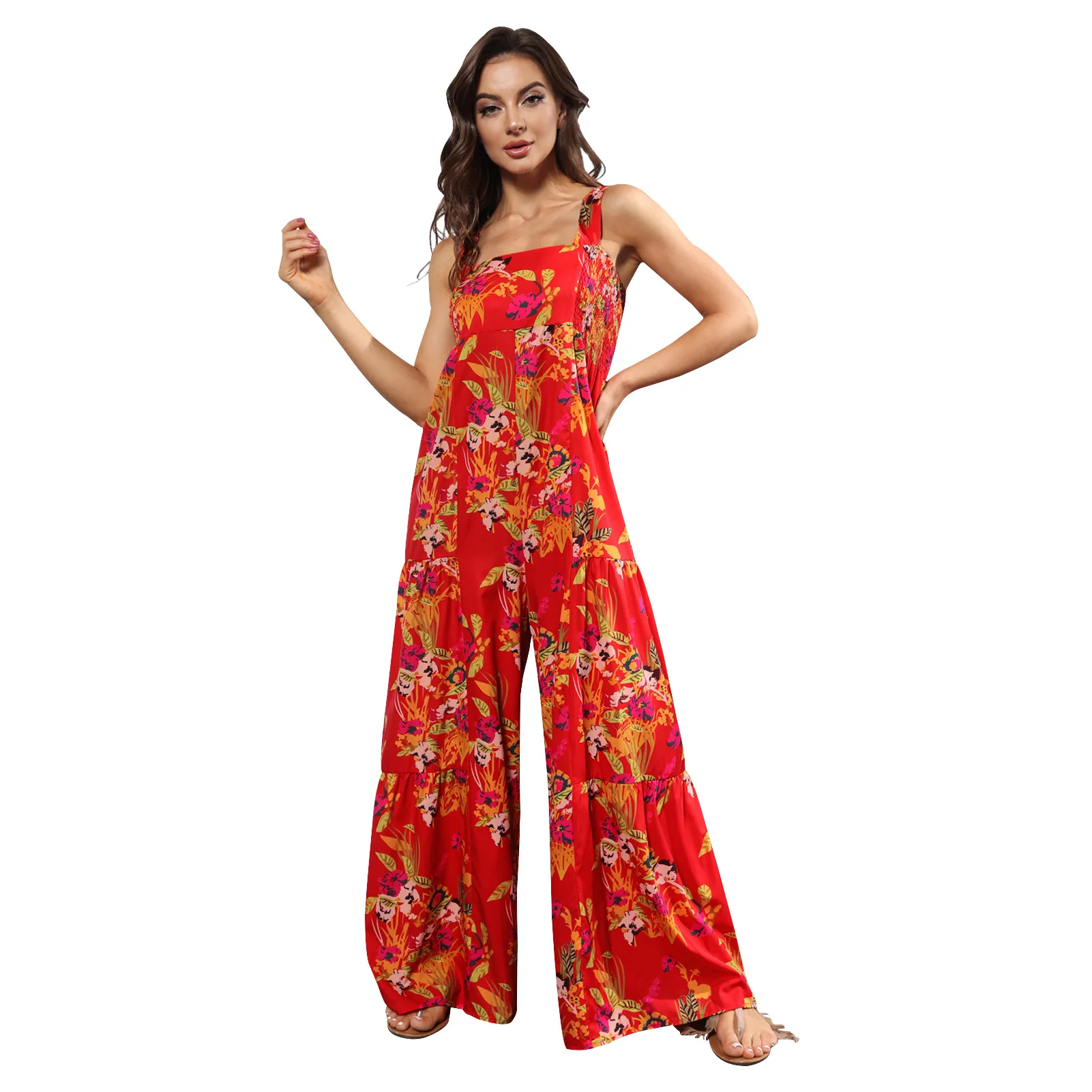 Summer Women's Bohemia Jumpsuit Fashion Spaghetti Strap Long Wide Leg Pants Floral Printing Romper Women