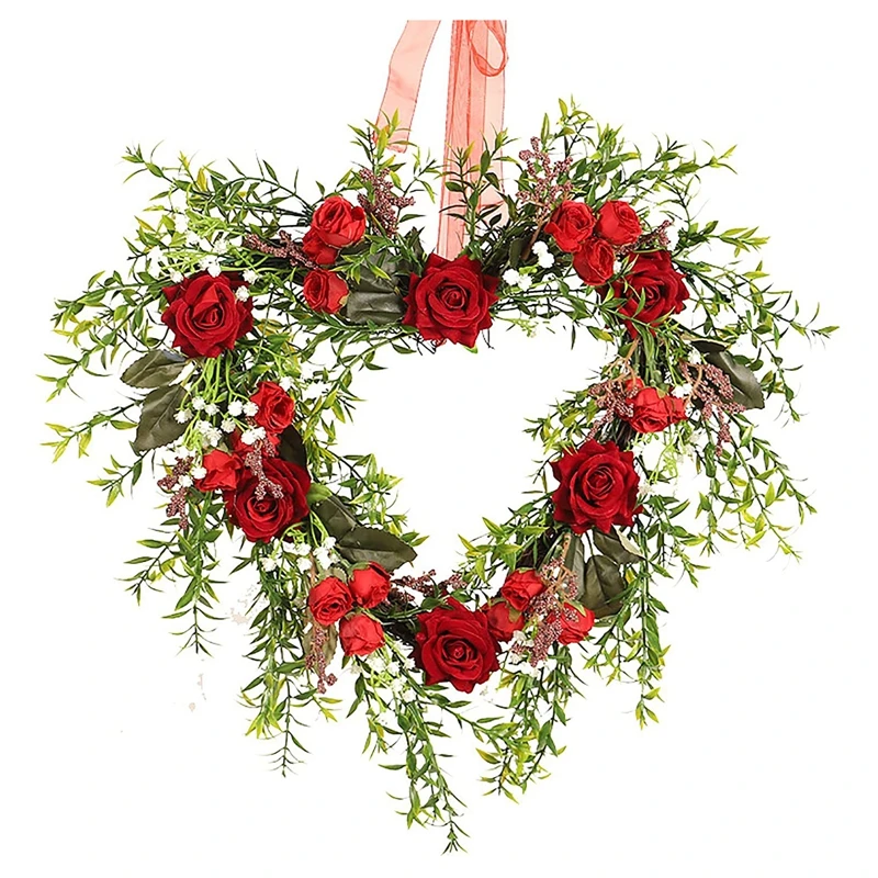 

Декоративный венок в форме сердца на День святого Валентина, искусственные розы и листья, с/без света