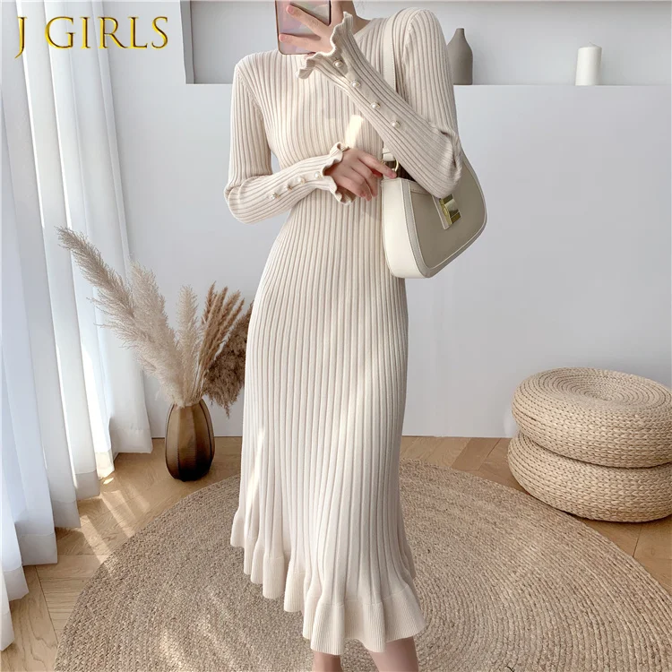 

J GIRLS Apricot Long Knitted Dress Woman New Autumn Button Ruffles Sleeve Sweater Bodycon Dress Female Korean Elegant Dresses OL