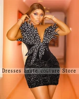 aso ebi african black girl prom dress sheer long sleeve mini cocktail dresses short velvet sequined party gowns