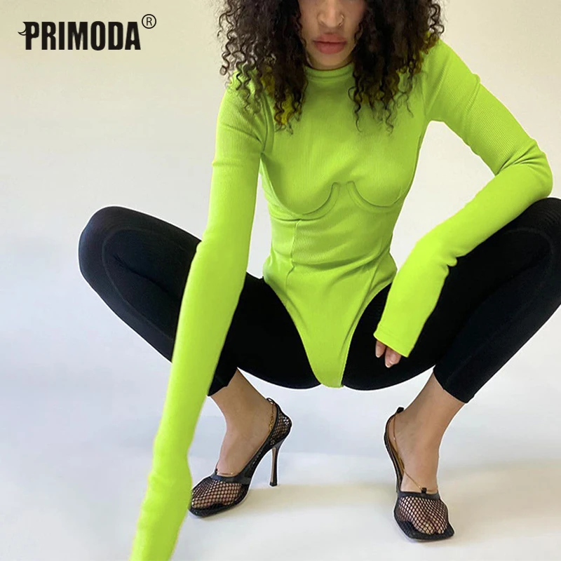 

Women Bodysuit Fashion Long Sleeve Body Streetwear Sexy Bodycon Rompers Sheath Bust Crotch Green Overalls 2022 Top Mujer PR3024G