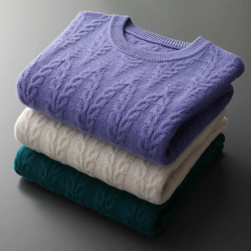 Men's 100% Merino Wool Thickened Sweater Round Neck Casual Versatile Cashmere Knitted Ssweater Loose Korean Fashion Bottom