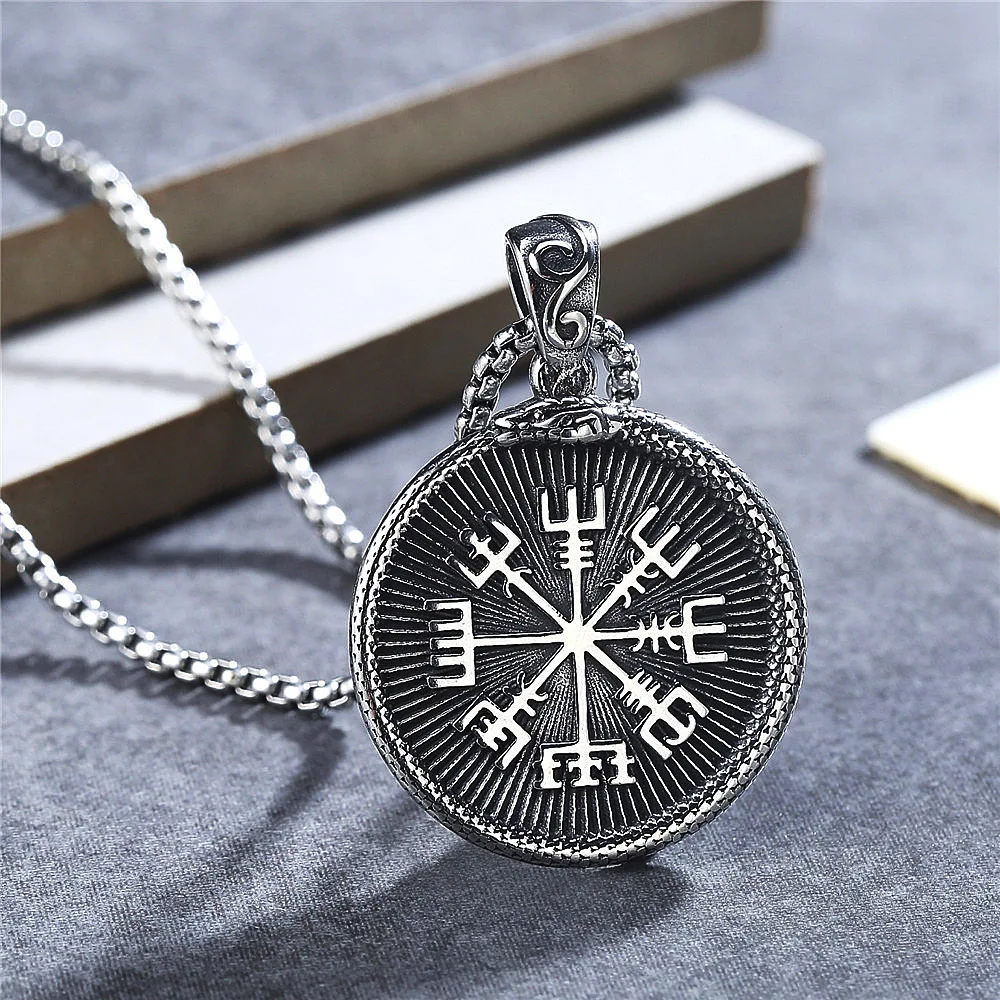 

New Retro Viking Compass Pendant Necklace Men Nordic Mythology Ouroboros Necklace Fashion Biker Amulet Jewelry Gift Chain