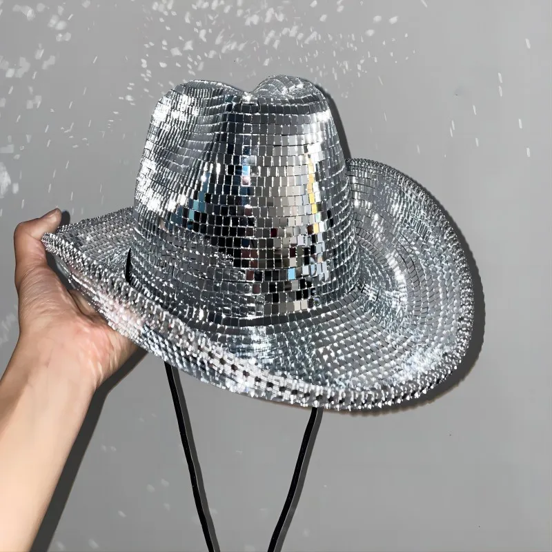 

Disco Ball Cowboy Hat Handmade Custom Mirrored Glass Cowboy Hat for Party Gathering Show Rave Fashion Disco Ball Mirror Hat