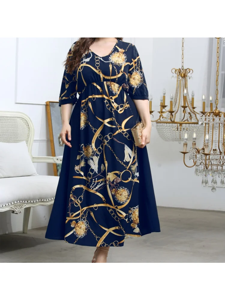 Temperament new plus-size dress cover belly V-neck elastic waist print dress plus-size women dress