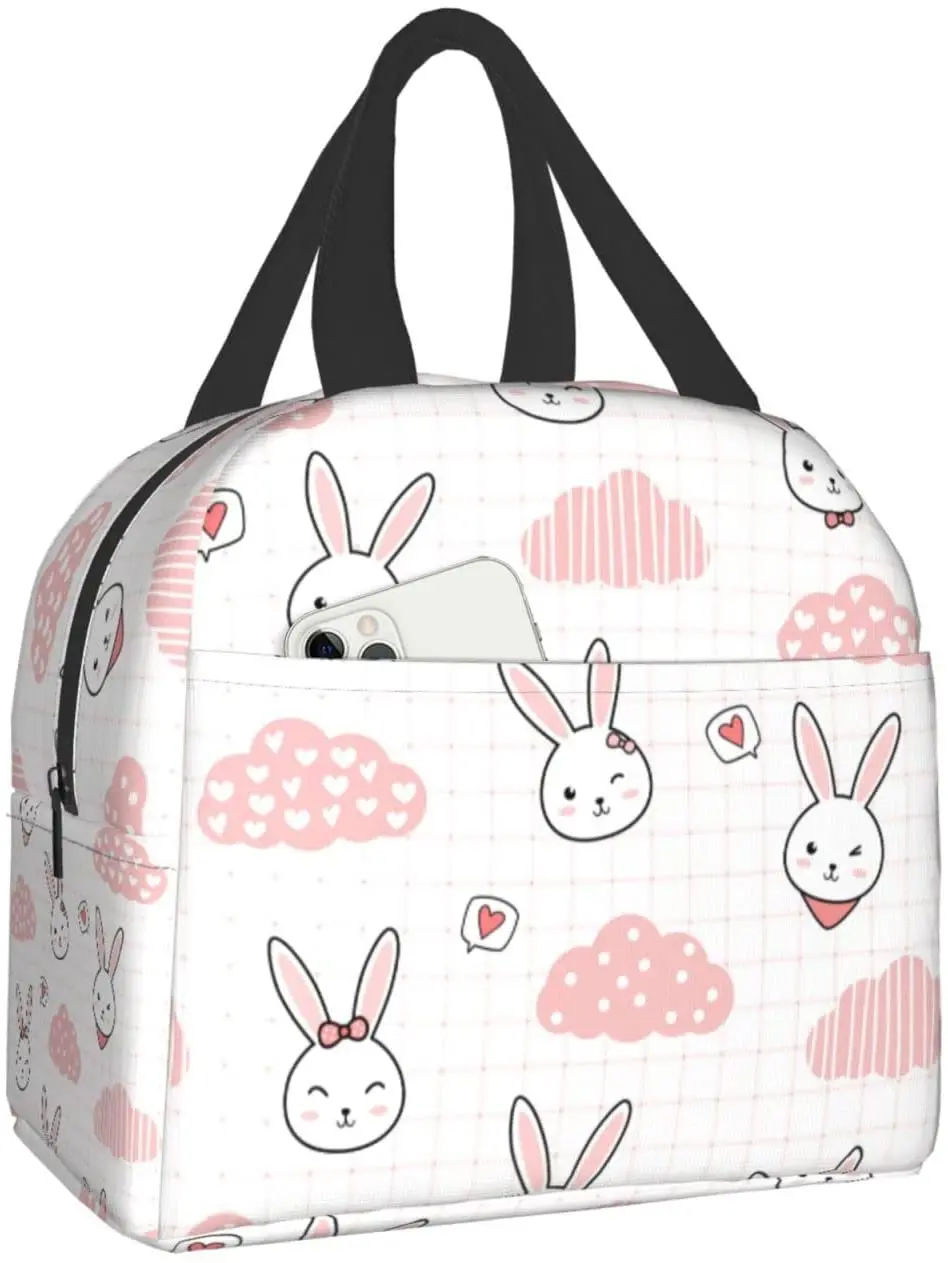 

Cute Rabbit Bunny on Pink Grid Lunch Bag Travel Box Work Bento Cooler Reusable Tote Picnic Boxes Insulated Container Lunch Bags