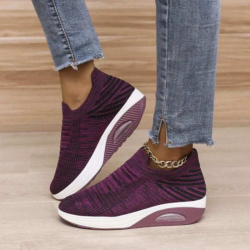 

Running Women Shoes Knitting Breathable Solid Color Round Shape Non Slip Flat Casual Lazy Air Cushion Sneakers
